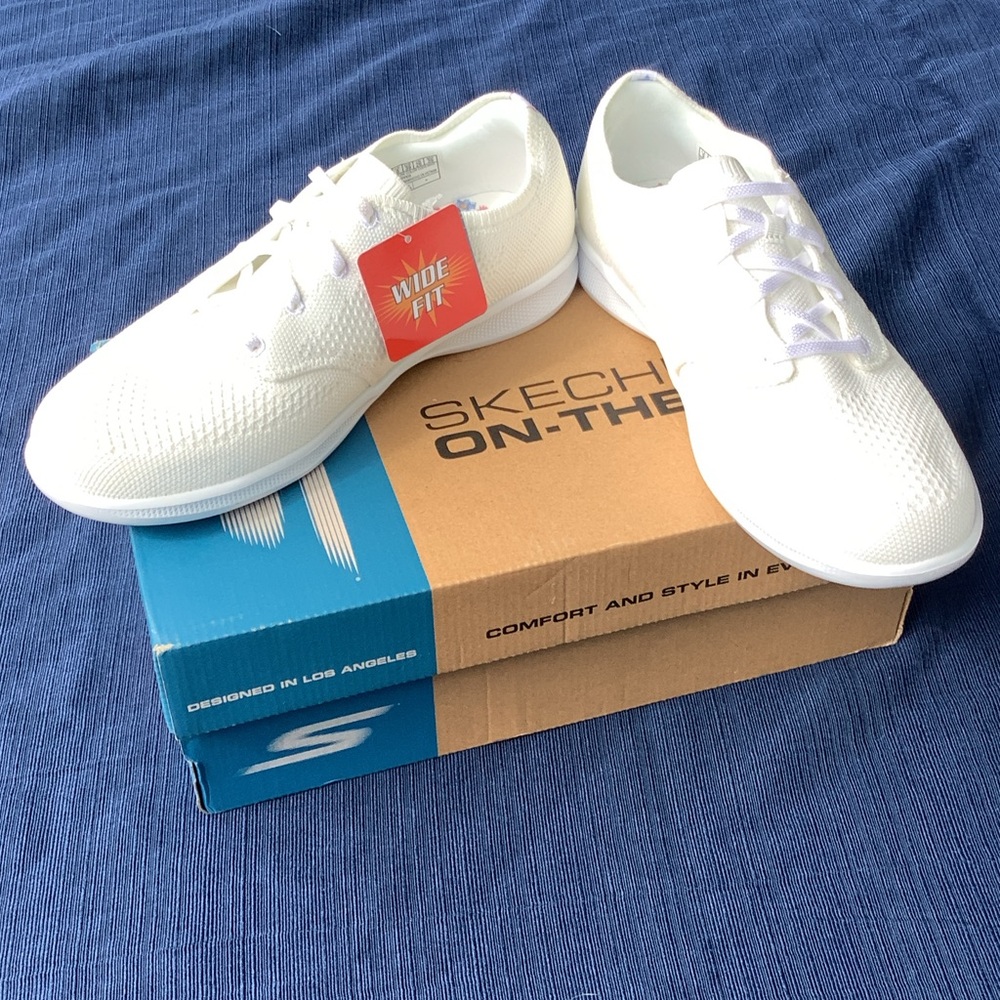 Skechers White Knit Lace-Up Wide Fit Sneakers